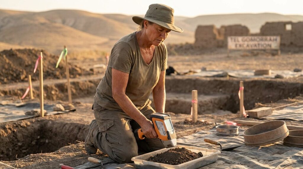 Archaeologist examining soil at Gomorrah dig site during early evening.
