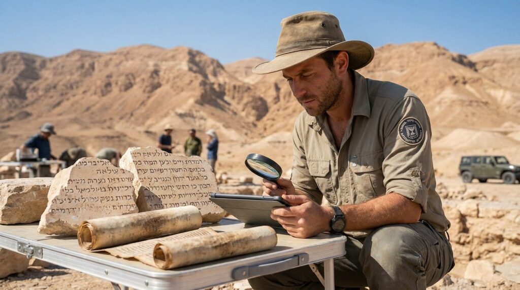 Israeli archaeologist examines ancient stones at Mount Paran in Negev.