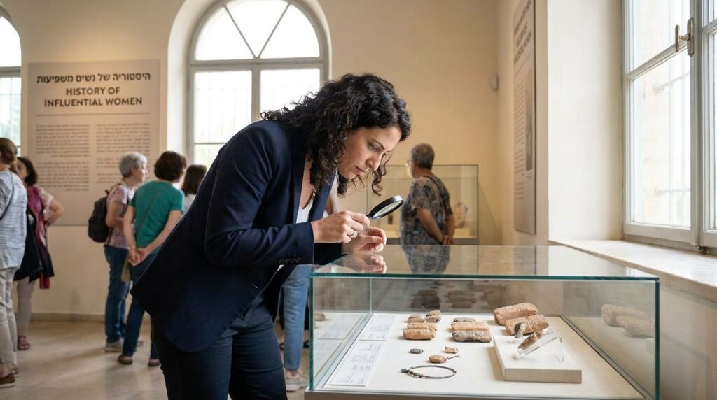 Israeli woman in her 30s examines artifacts in a bright museum.