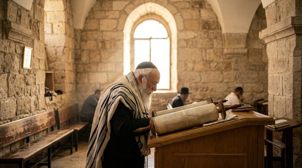 Elderly Israeli man reading Torah in stone synagogue, Jerusalem.
