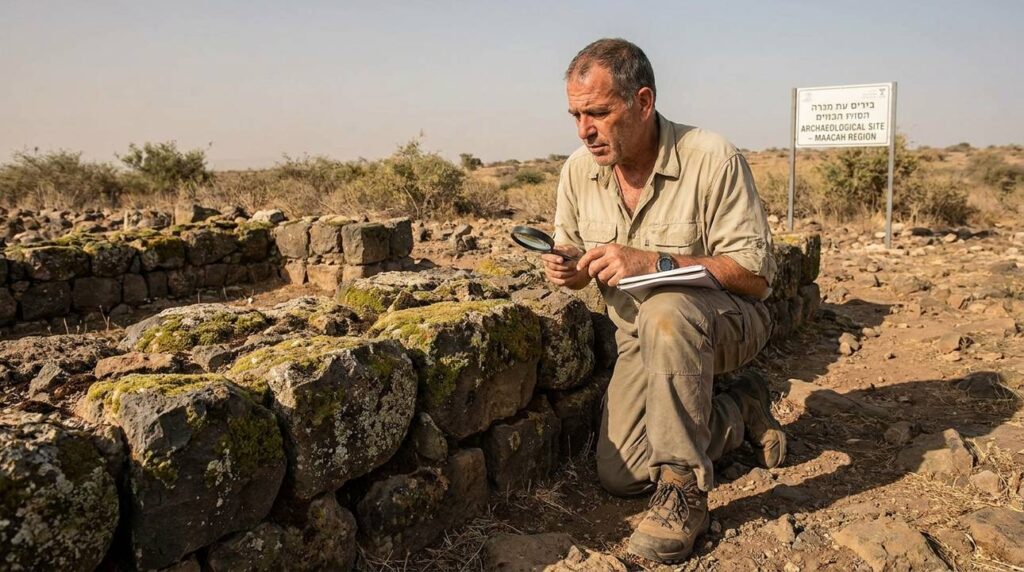 Middle-aged Israeli archaeologist examining ancient stone ruins in daylight.