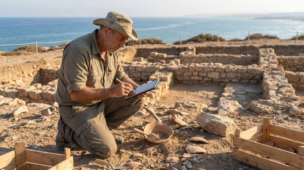 Archaeologist examines artifacts at Mediterranean dig site, sea in background.