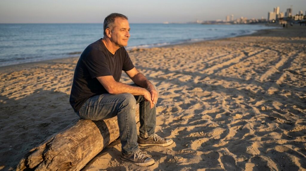 Middle-aged Israeli man reflecting thoughtfully on a quiet beach at sunset.
