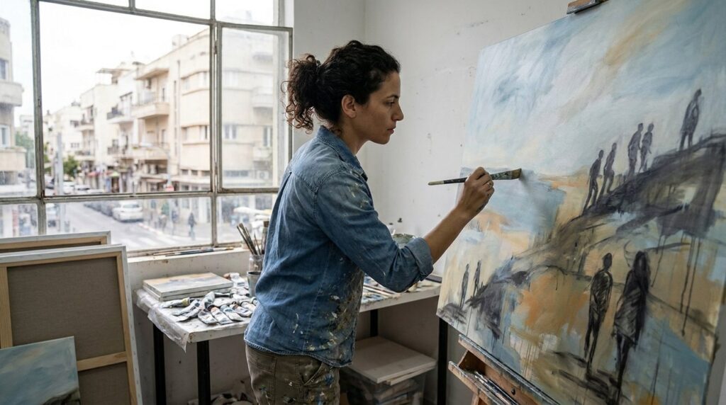 Israeli artist in her 30s painting in a sunlit studio.
