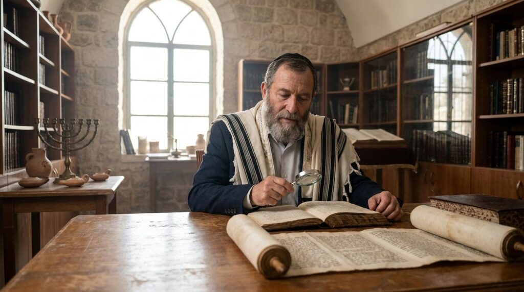 Religious scholar in talit studying texts at a library table.