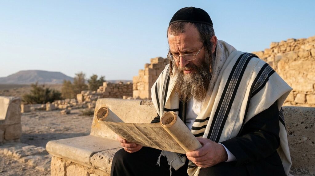 Orthodox Jewish man reading Torah scroll outdoors at Beer Lahai Roi.