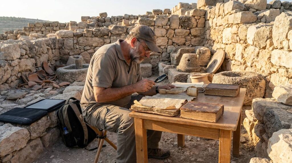 Israeli scholar reads ancient texts among ruins in soft morning light.