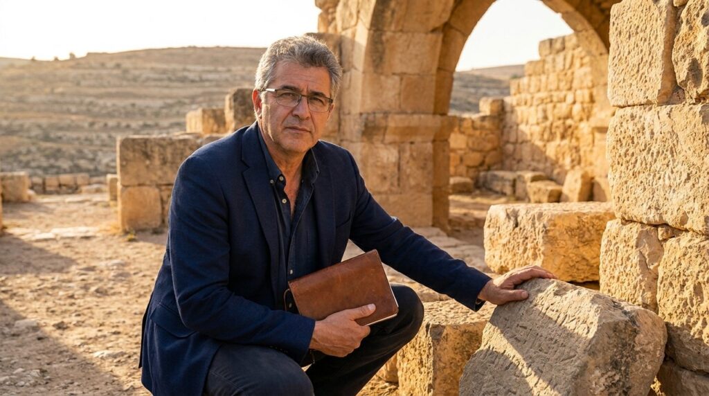 Middle-aged Israeli man in business attire examines ancient stone ruins.
