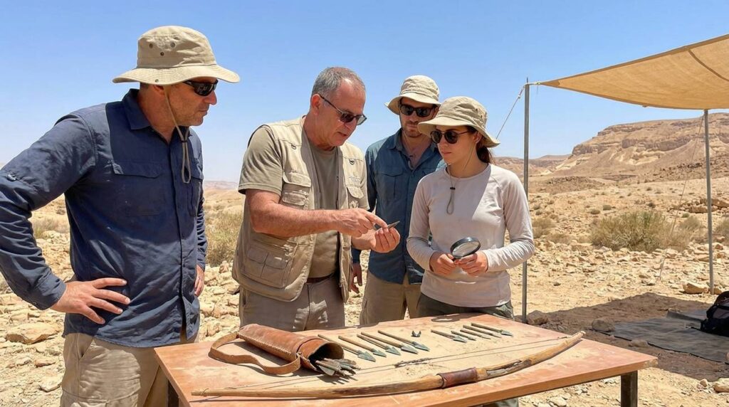 Israeli archaeologists examine Kedarite archery artifacts in Negev desert.