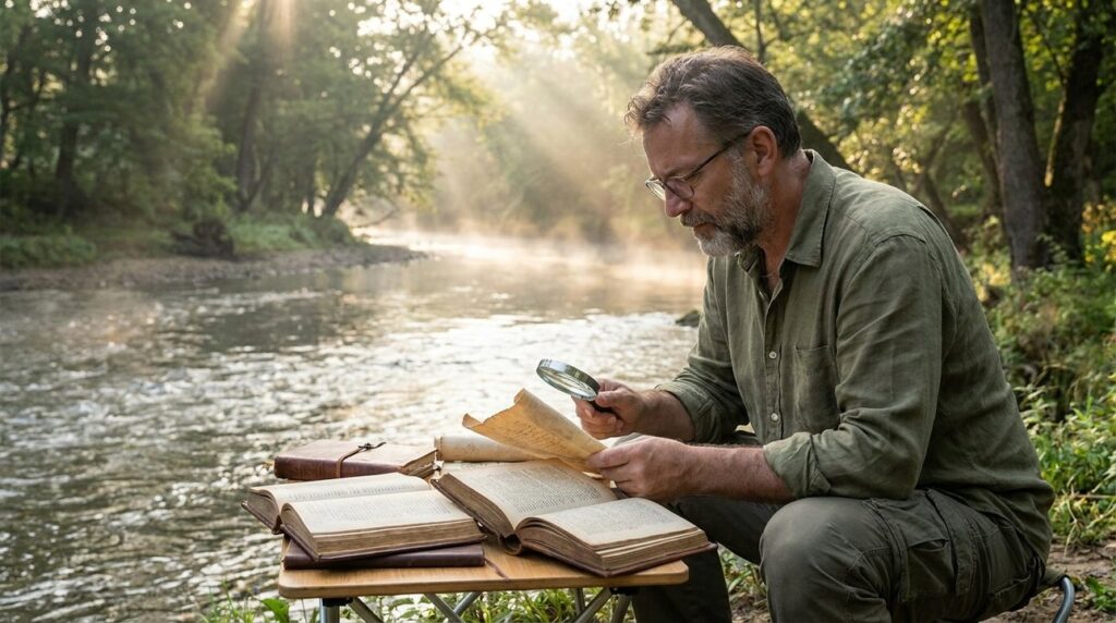 Israeli historian examines ancient texts by a river in morning light.