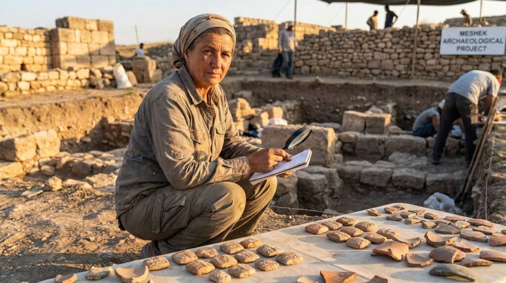 Israeli archaeologist examines trade artifacts at Meshek excavation site.