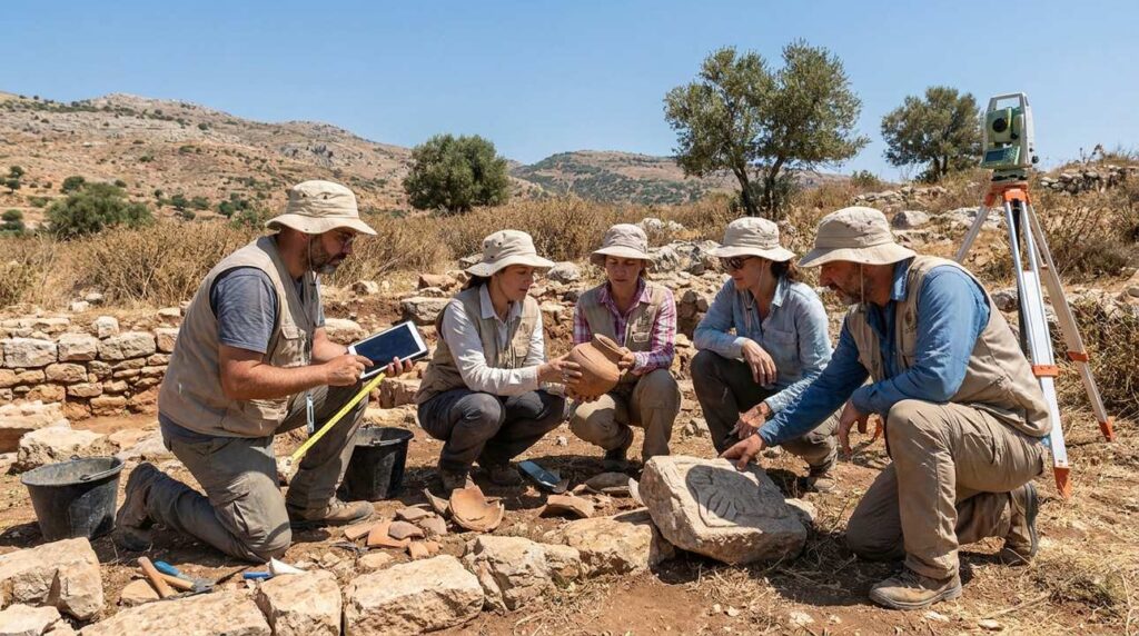 Group of archaeologists examining ancient ruins in Marjaayoun under clear sky.