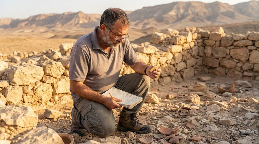 Israeli historian examining ancient artifacts in the Negev desert.