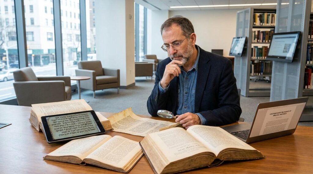 Israeli scholar researching biblical prophecies in a contemporary library setting.