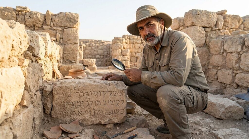 Middle Eastern archaeologist examines ancient inscriptions among stone ruins.