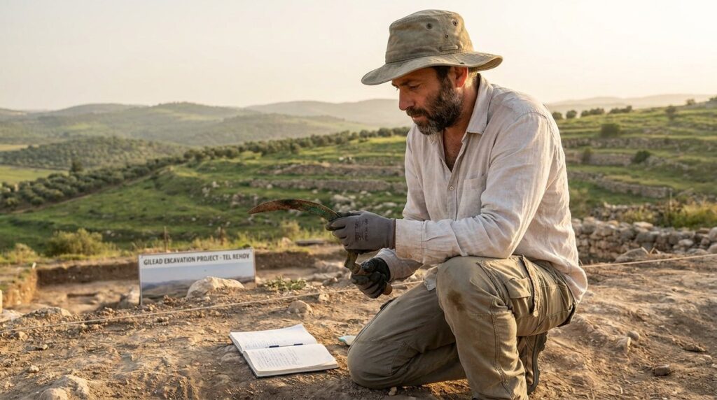 Israeli archaeologist examines ancient tools in Gilead, lush landscape behind.