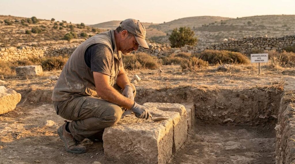Archaeologist examining ancient ruins in Arimathea with rugged terrain background.