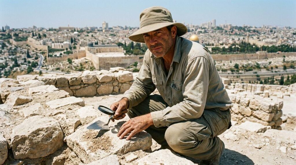 Israeli archaeologist examines ancient ruins on Mount of Olives, Jerusalem background.