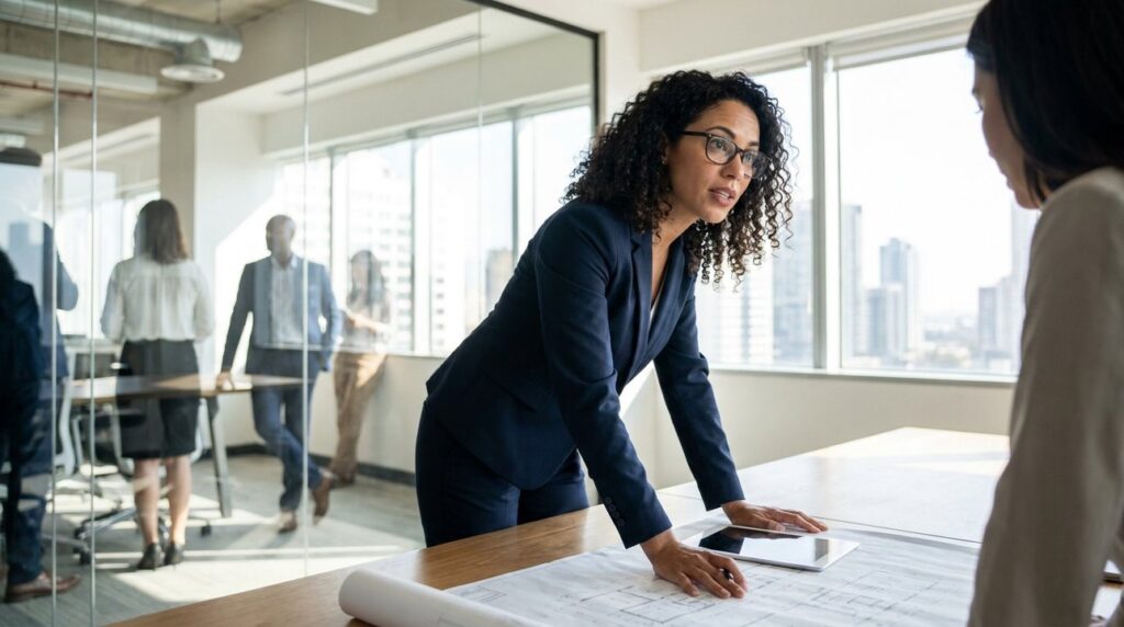 Israeli woman in business attire reviews blueprints in sunlit office.
