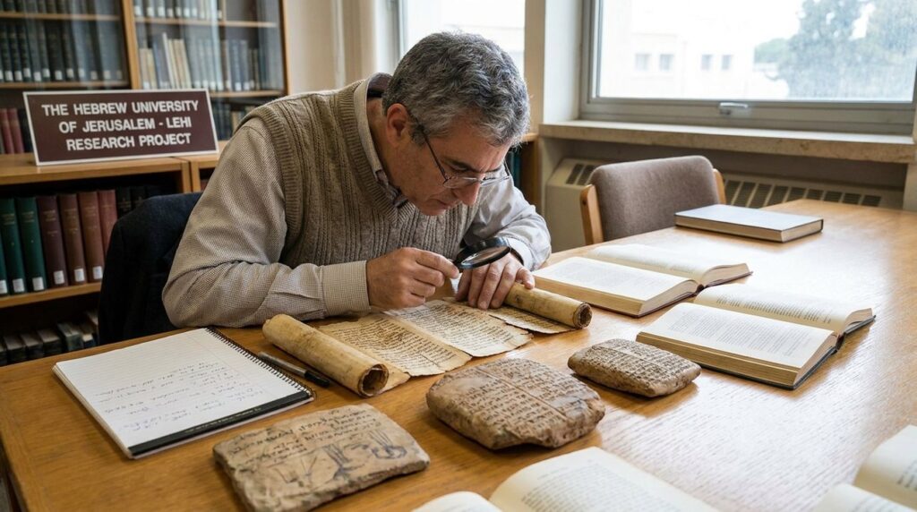 Israeli historian examines ancient texts and artifacts in university setting.