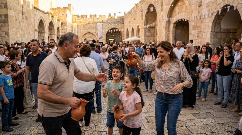 Israeli family celebrating the Water-Drawing Festival in Jerusalem at dusk.
