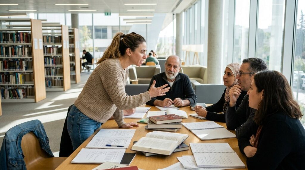 Israeli woman discusses animatedly with diverse group in modern library.
