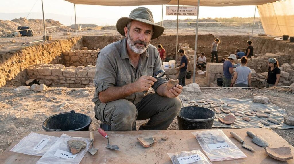 Israeli archaeologist examines artifacts at Azal archaeological dig site.