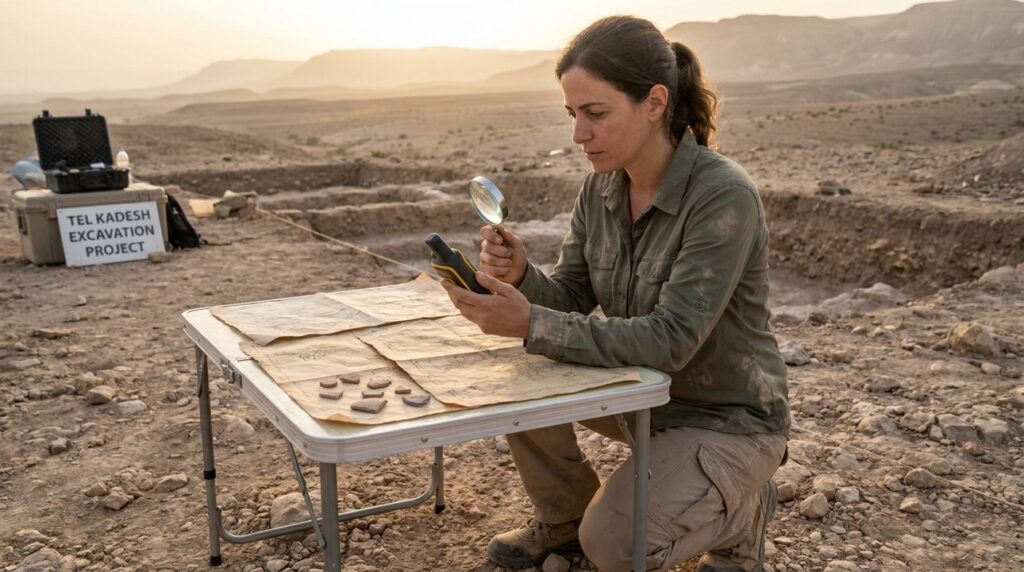Israeli archaeologist uses GPS and examines maps at Kadesh site.