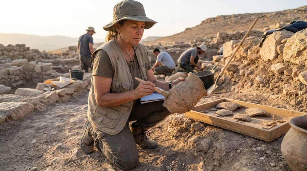Middle-aged archaeologist examines pottery shards at Bezer, Israel excavation site.