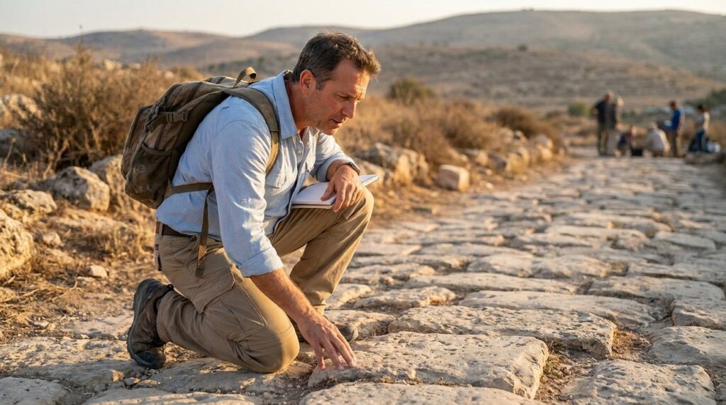 Historian in casual attire examines ancient pathway in Israel.