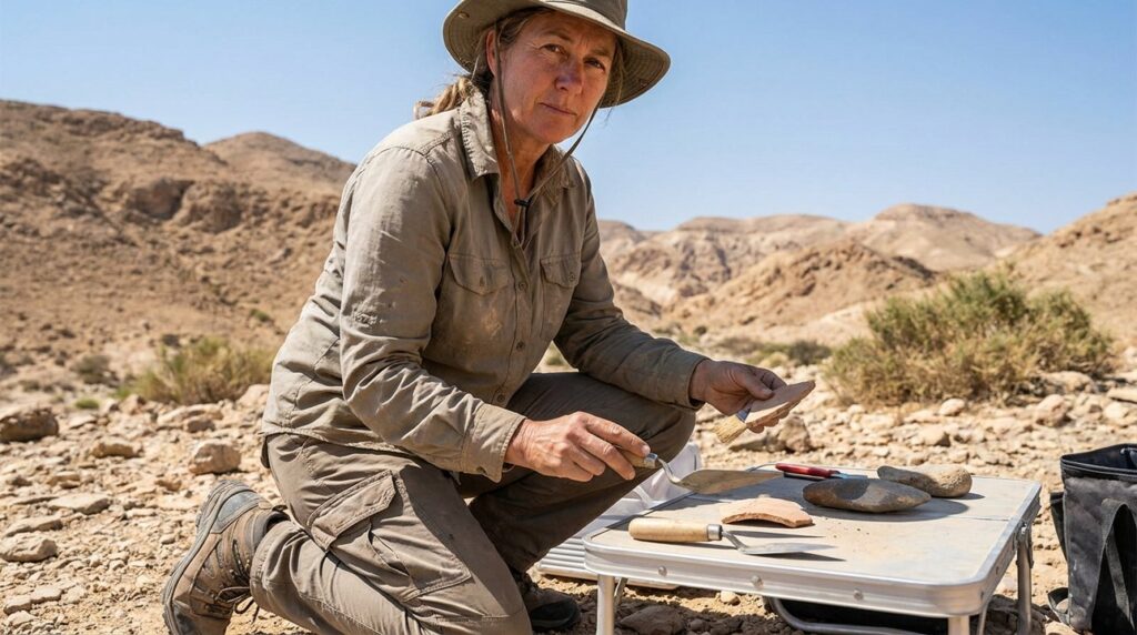 Israeli archaeologist examining artifacts in Paran wilderness, arid landscape background.