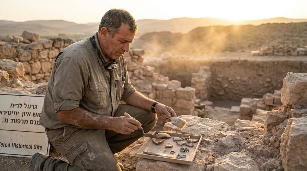 Israeli archeologist examines artifacts at Zered site, surrounded by ruins.