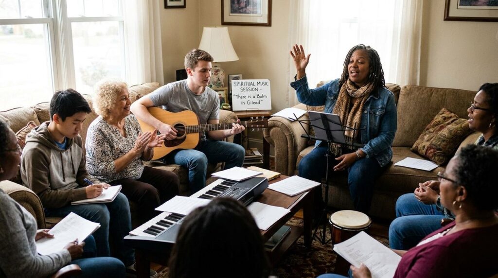 Diverse group in living room singing and playing instruments.