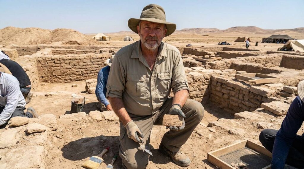 Archaeologist examines artifacts at Babylonian site with cuneiform-inscribed ruins.