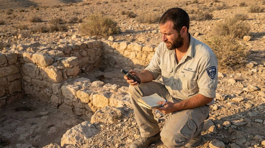 Israeli archaeologist examining ancient ruins with GPS and notebook.