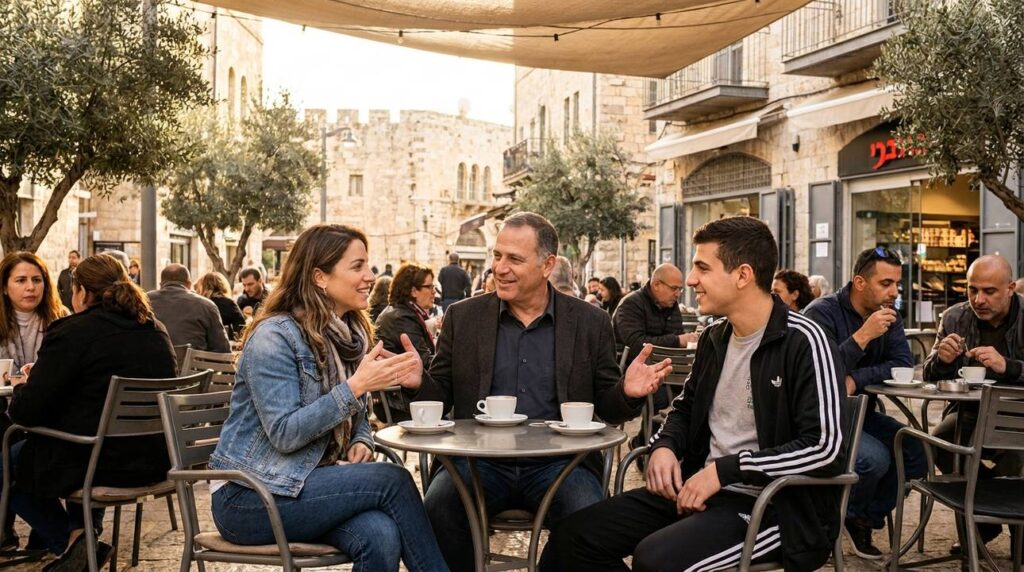 Diverse Israeli group conversing at sunlit cafe in Jerusalem.