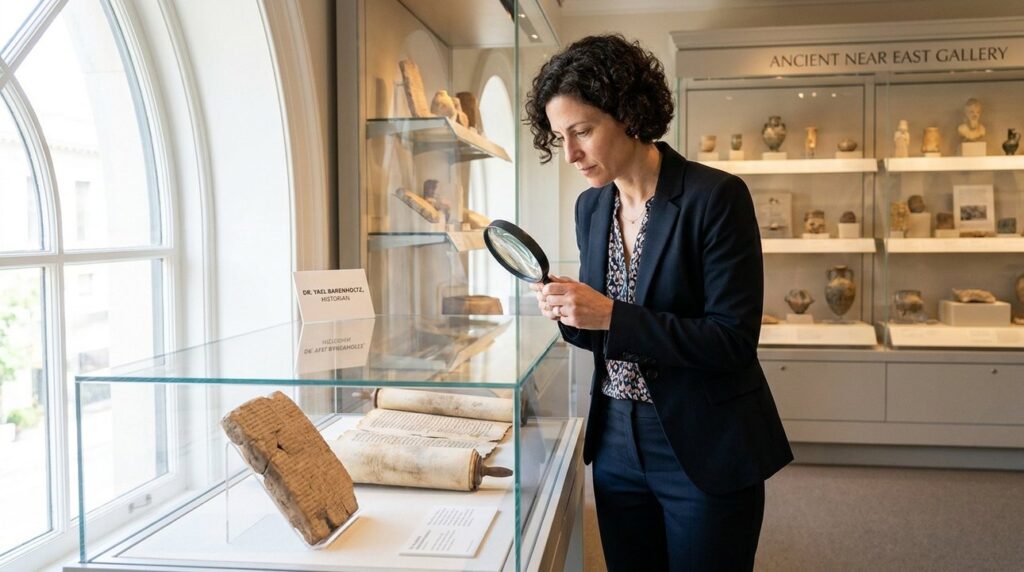 Israeli scholar examines ancient scrolls in a sunlit museum.