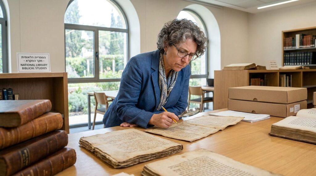 Israeli scholar in her 50s studies Ezekiel manuscripts in modern library.
