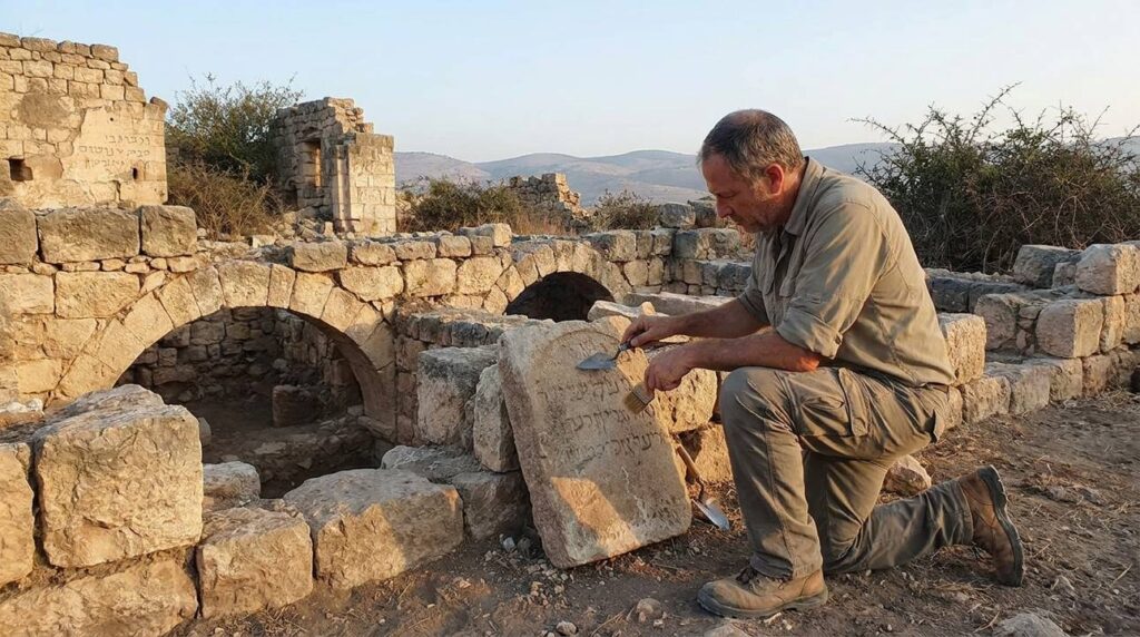 Archaeologist examining ancient Aramean ruins in northern Israel.