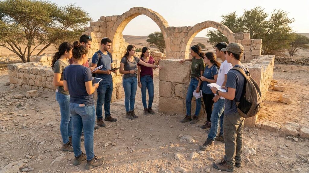Israeli teenagers discussing ancient ruins in the Negev desert.
