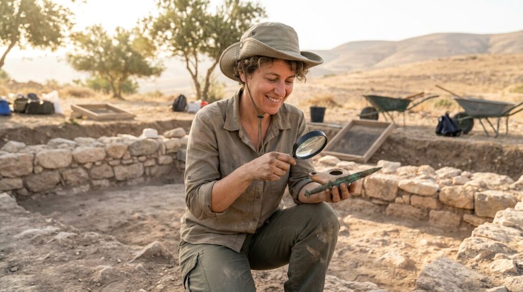 Israeli archeologist examines ancient artifacts at excavation site in Israel.
