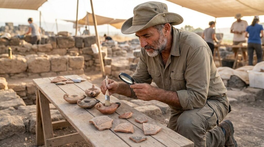 Israeli archaeologist examines ancient pottery at Chorazin excavation site.