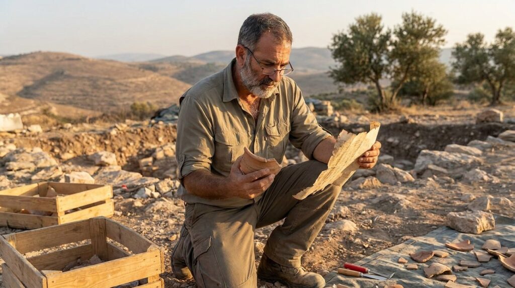 Middle-aged Israeli historian examines ancient artifacts at Ephraim site.