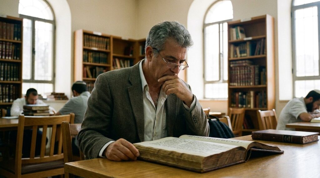 Israeli man in business casual reading ancient texts in library.