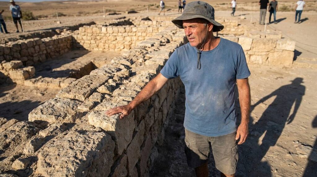Middle-aged Israeli man touching ancient stones at Tel Be'er Sheva.