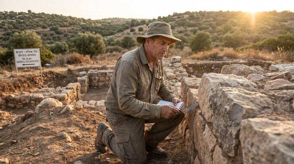 Israeli archaeologist examining ancient ruins in a rugged landscape.