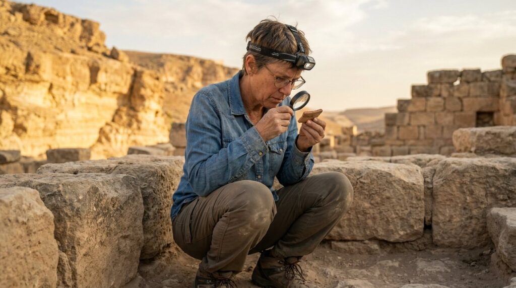 Middle-aged Israeli historian examines artifacts at Golgotha ruins.