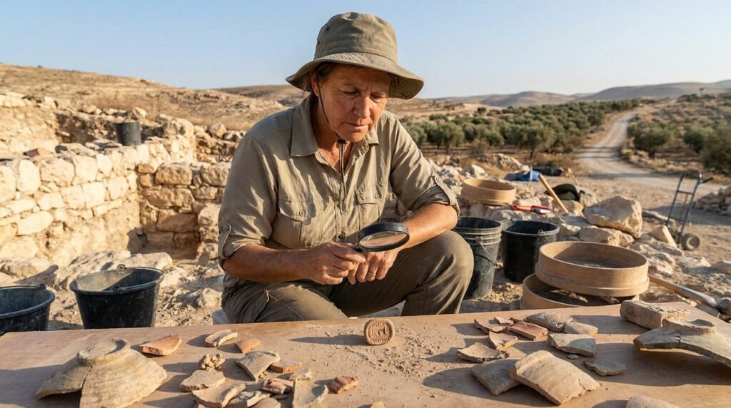 Archaeologist examining artifacts at a dig site in Israel.