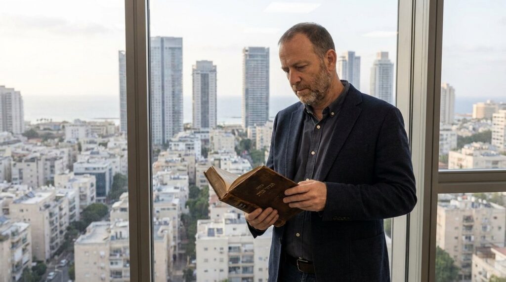 Israeli man in business attire reviews a document in office.