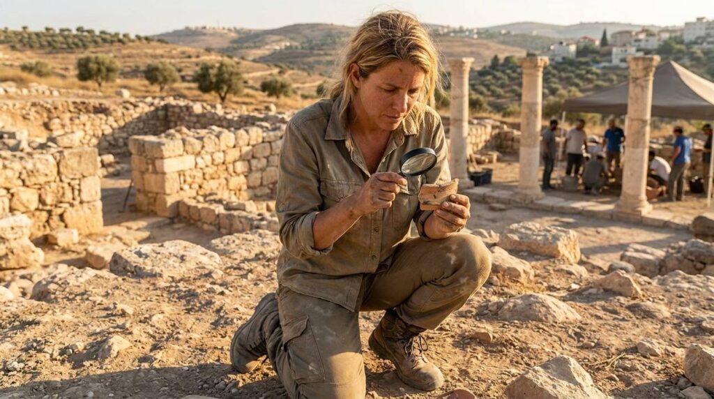 Israeli archaeologist examines pottery shards at excavation site in Israel.